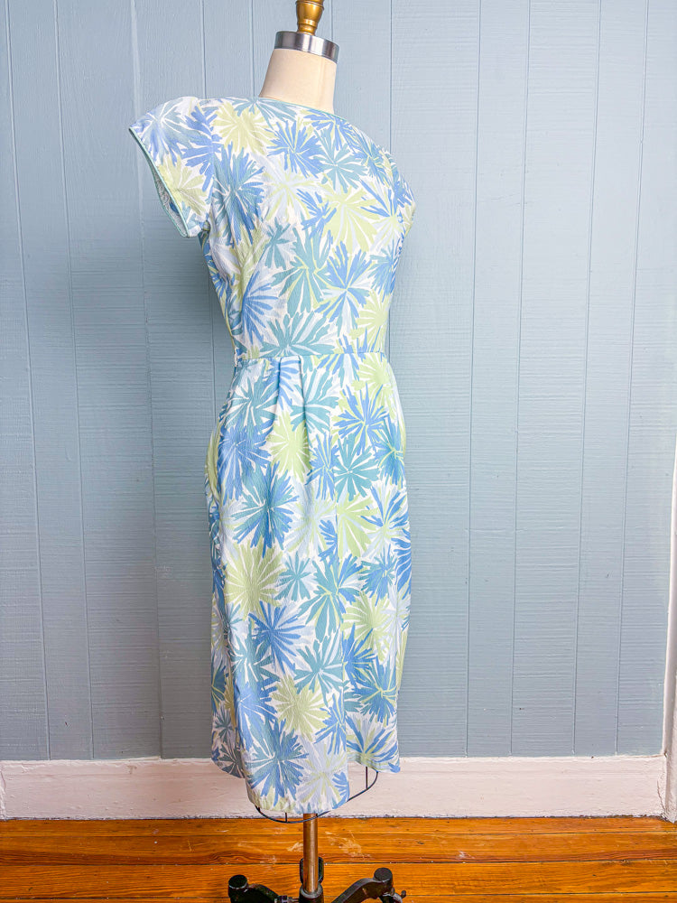 60s Mrs. Maisel Pastel Blue Green Floral Crepe Dress | M