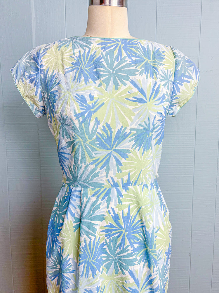 60s Mrs. Maisel Pastel Blue Green Floral Crepe Dress | M