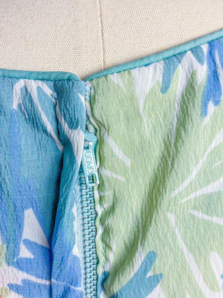 60s Mrs. Maisel Pastel Blue Green Floral Crepe Dress | M