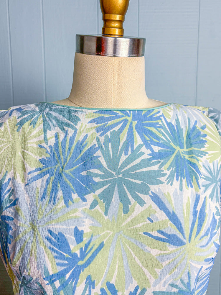 60s Mrs. Maisel Pastel Blue Green Floral Crepe Dress | M