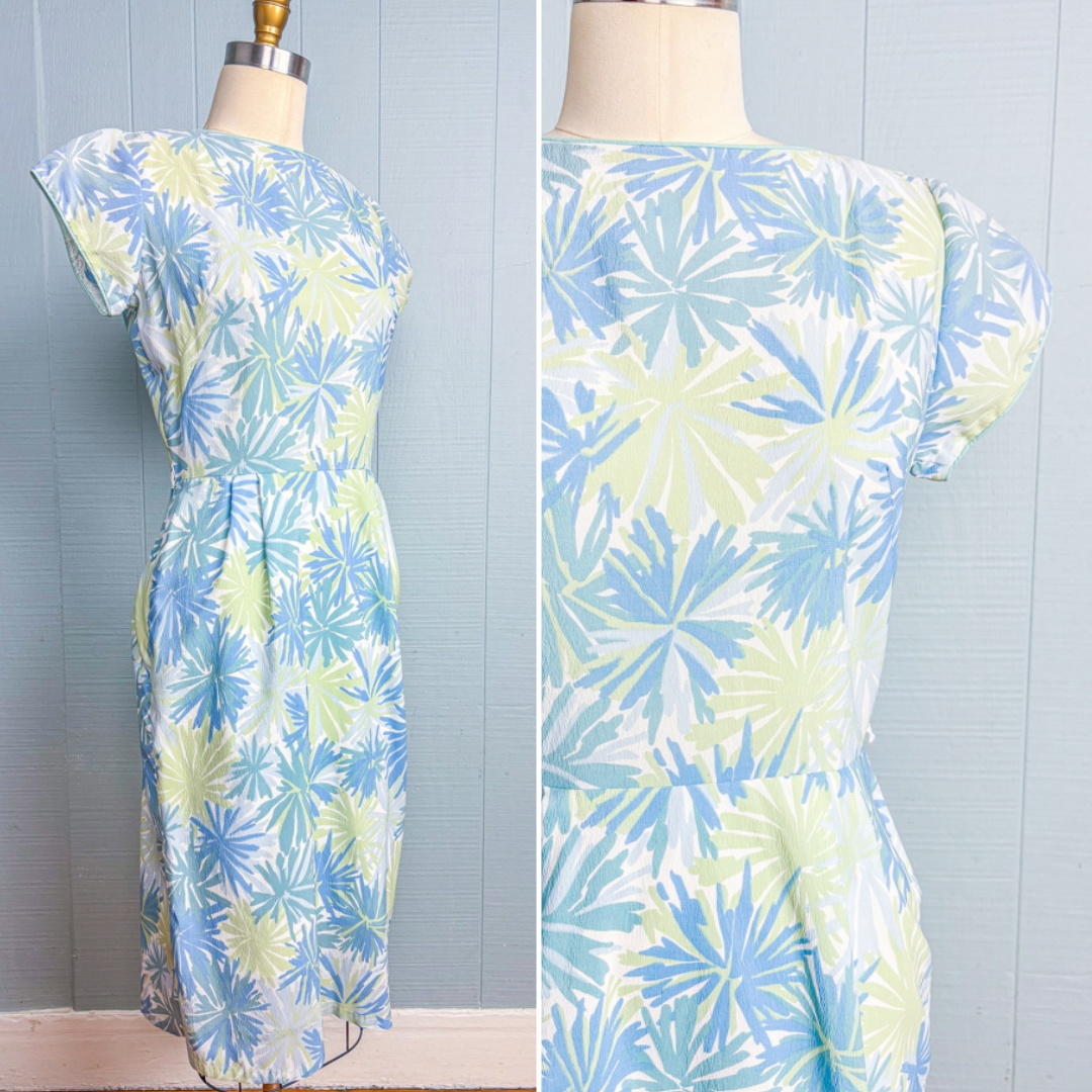 60s Mrs. Maisel Pastel Blue Green Floral Crepe Dress | M