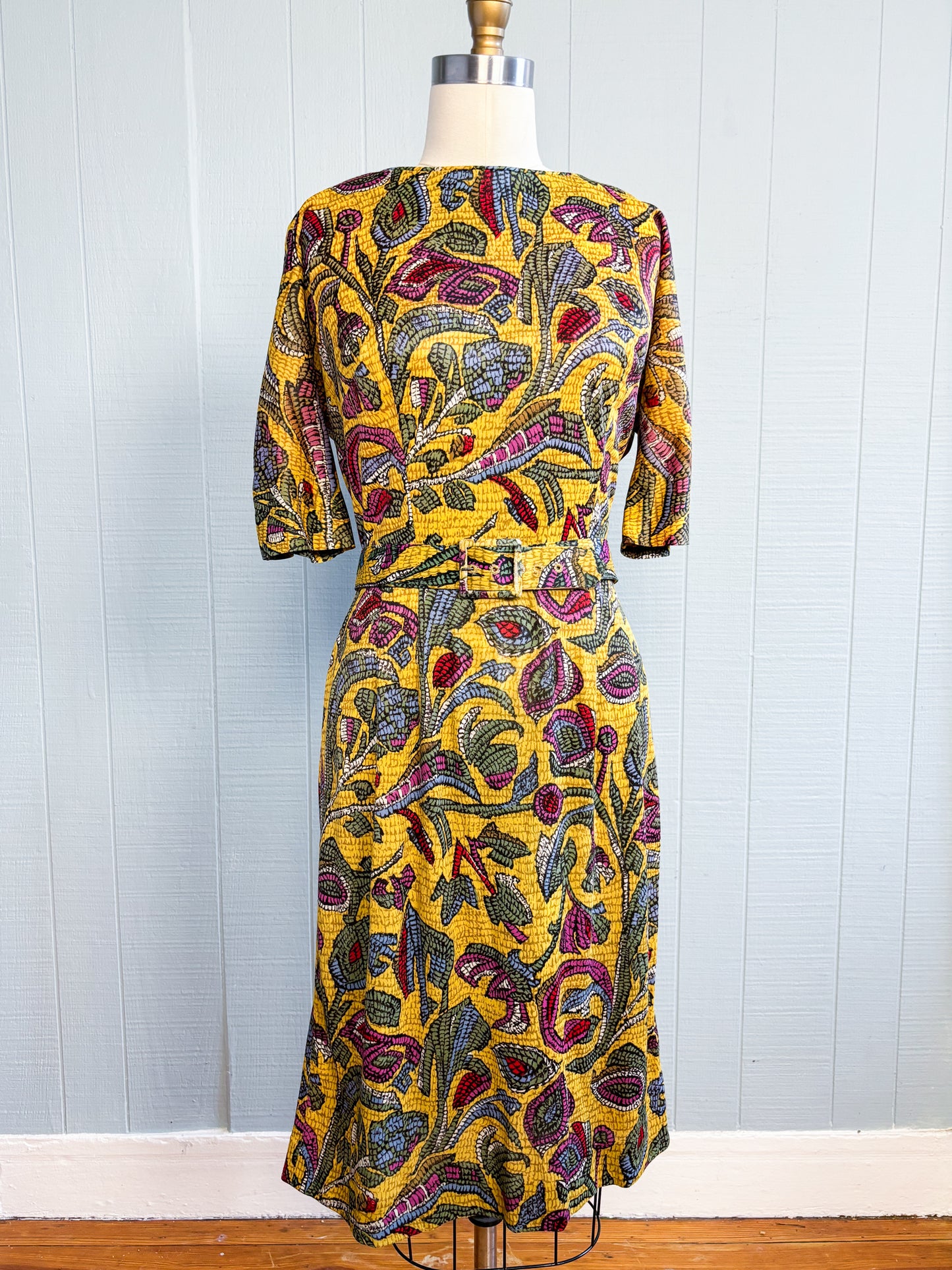 50's 60's Mrs. Maisel Golden Yellow Leaf Wiggle Dress | L