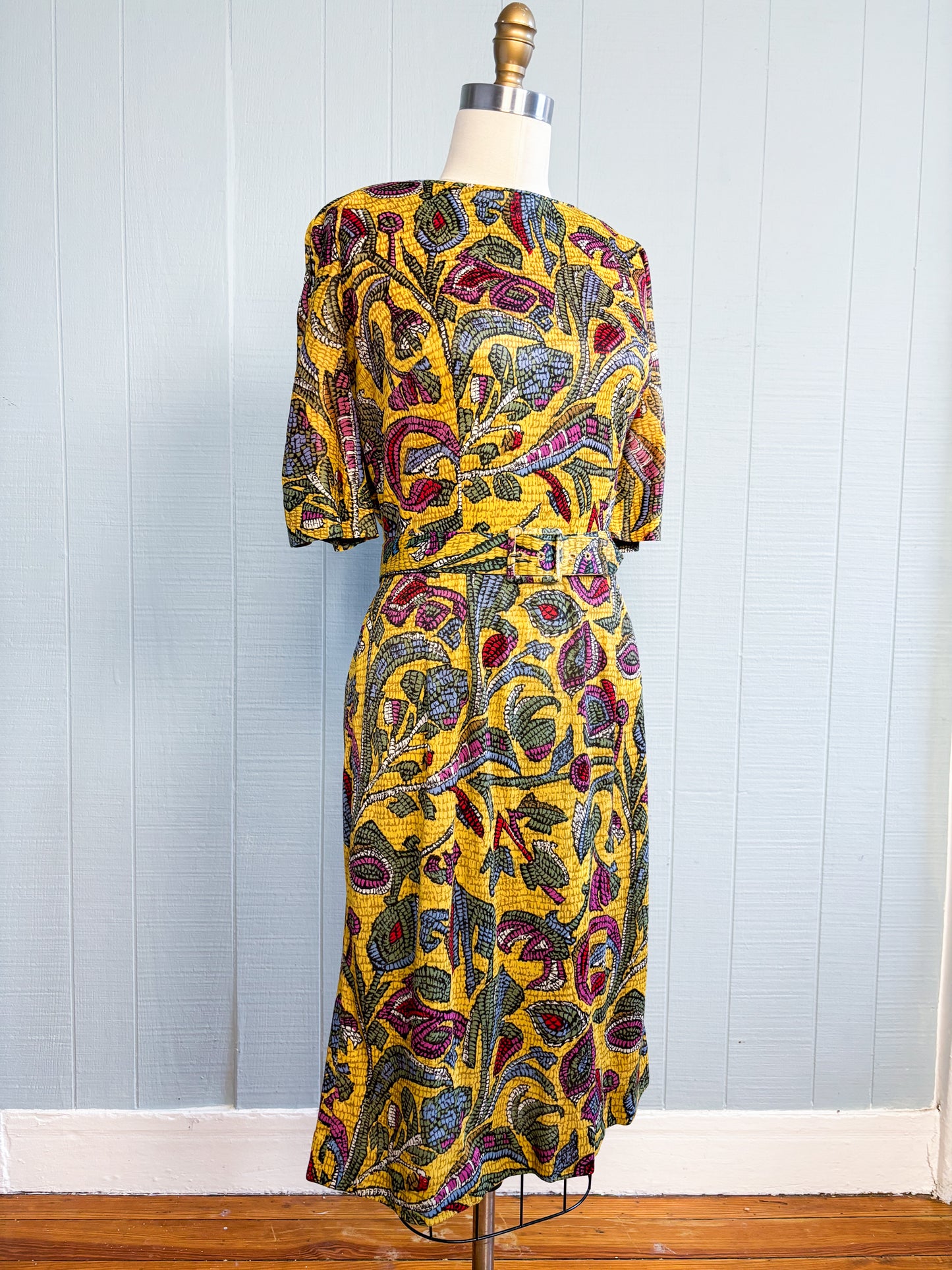50's 60's Mrs. Maisel Golden Yellow Leaf Wiggle Dress | L
