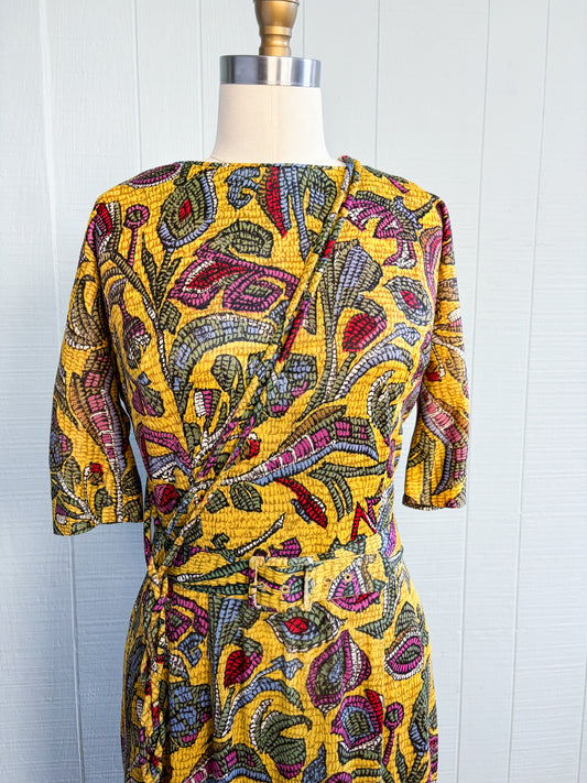 50's 60's Mrs. Maisel Golden Yellow Leaf Wiggle Dress | L