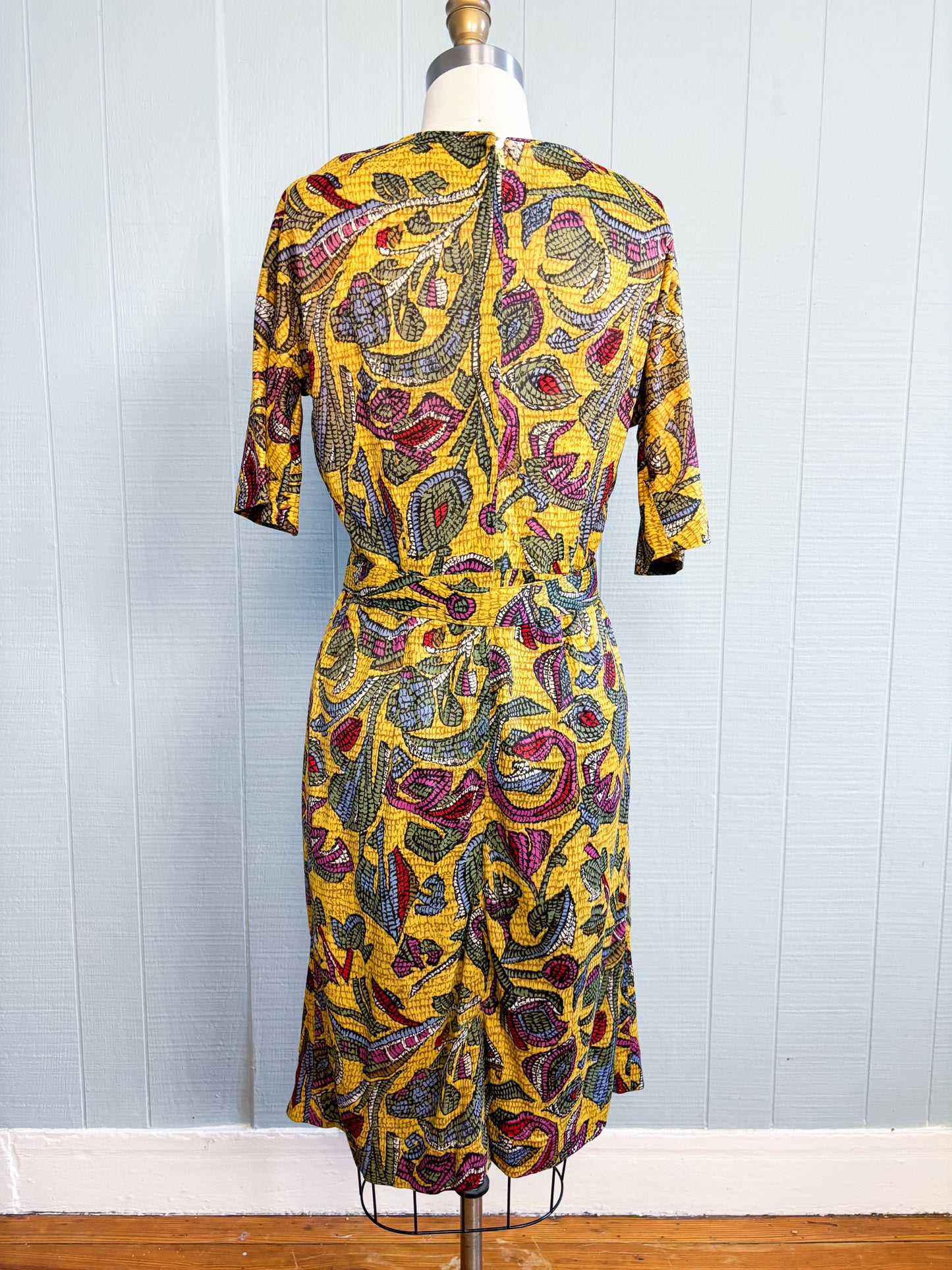 50's 60's Mrs. Maisel Golden Yellow Leaf Wiggle Dress | L