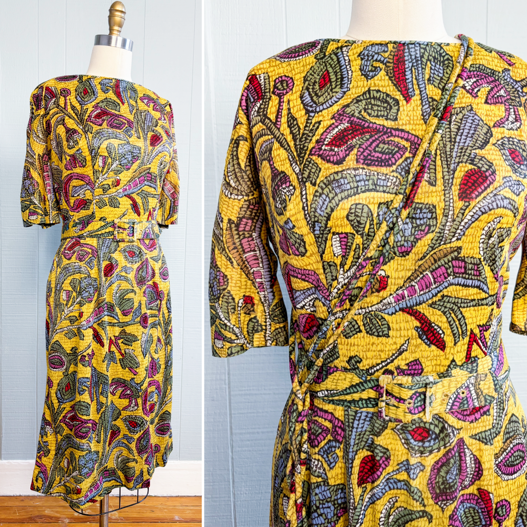 50's 60's Mrs. Maisel Golden Yellow Leaf Wiggle Dress | L