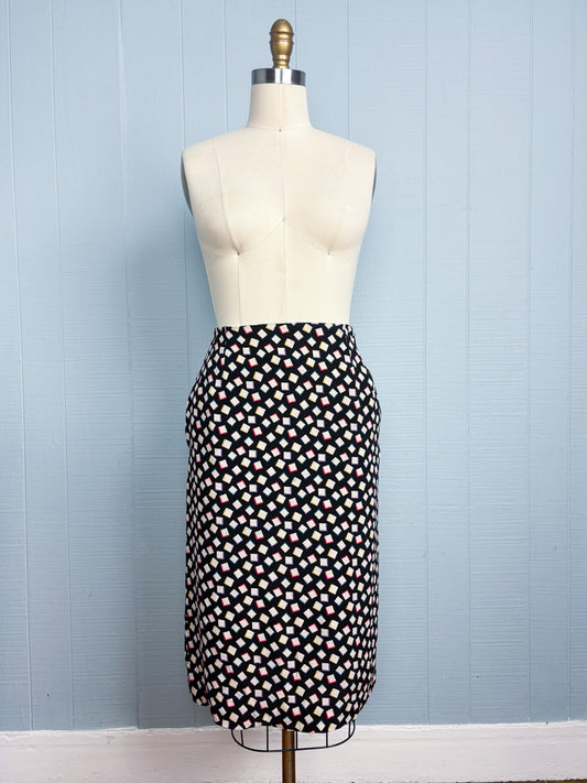 80's 90's Black Rainbow Abstract Print Silk Pencil Skirt | 26"
