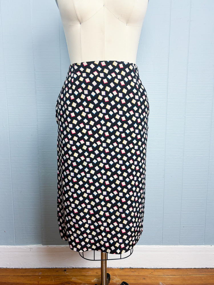 80's 90's Black Rainbow Abstract Print Silk Pencil Skirt | 26"
