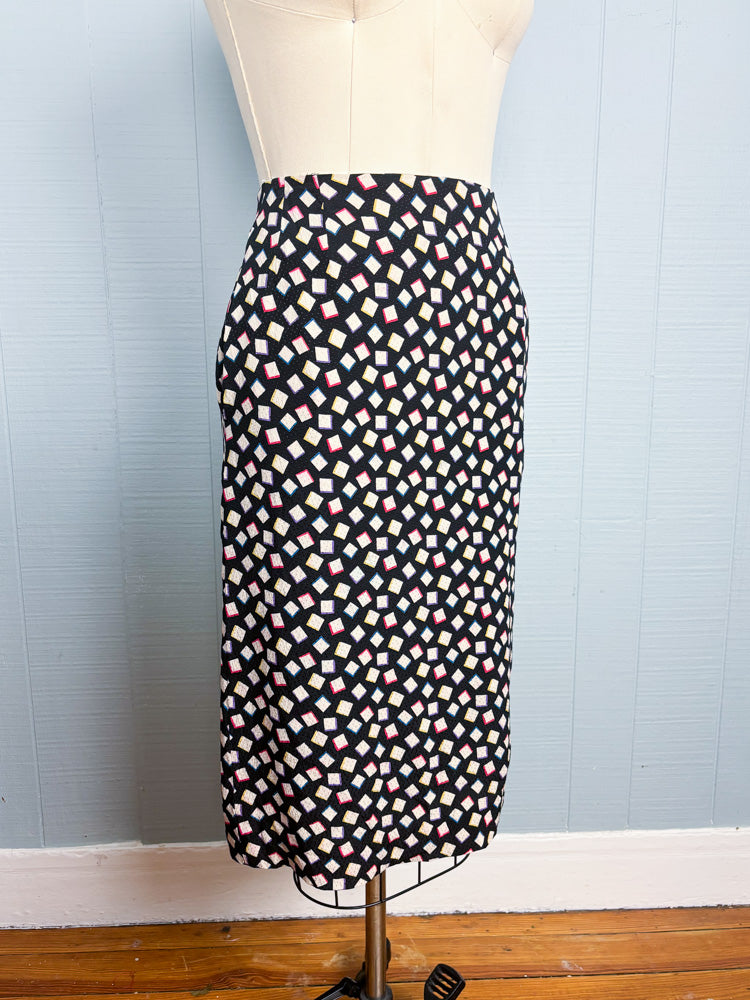 80's 90's Black Rainbow Abstract Print Silk Pencil Skirt | 26"