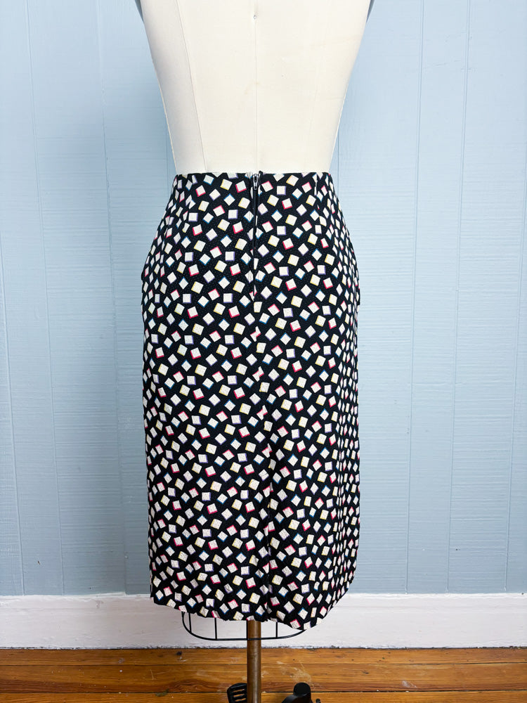 80's 90's Black Rainbow Abstract Print Silk Pencil Skirt | 26"