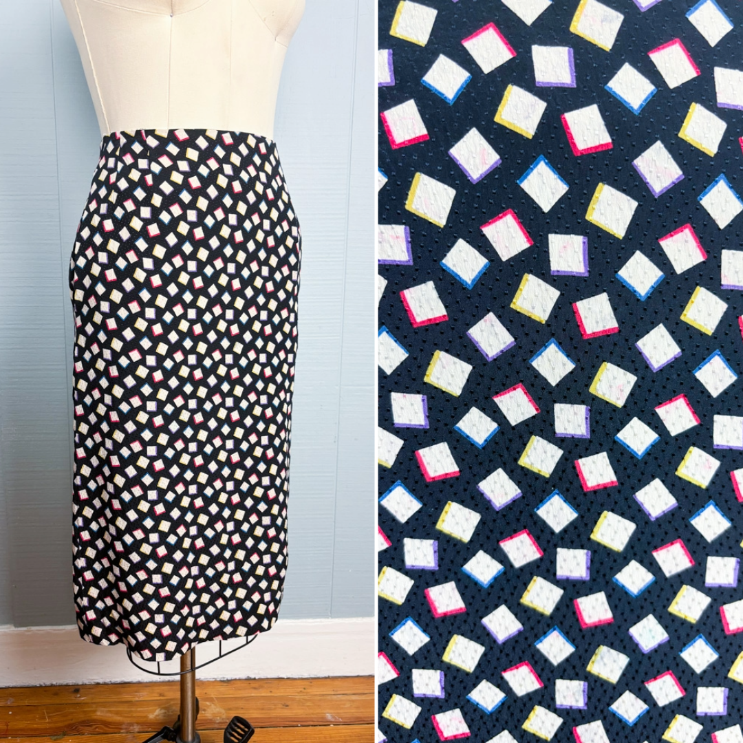 80's 90's Black Rainbow Abstract Print Silk Pencil Skirt | 26"