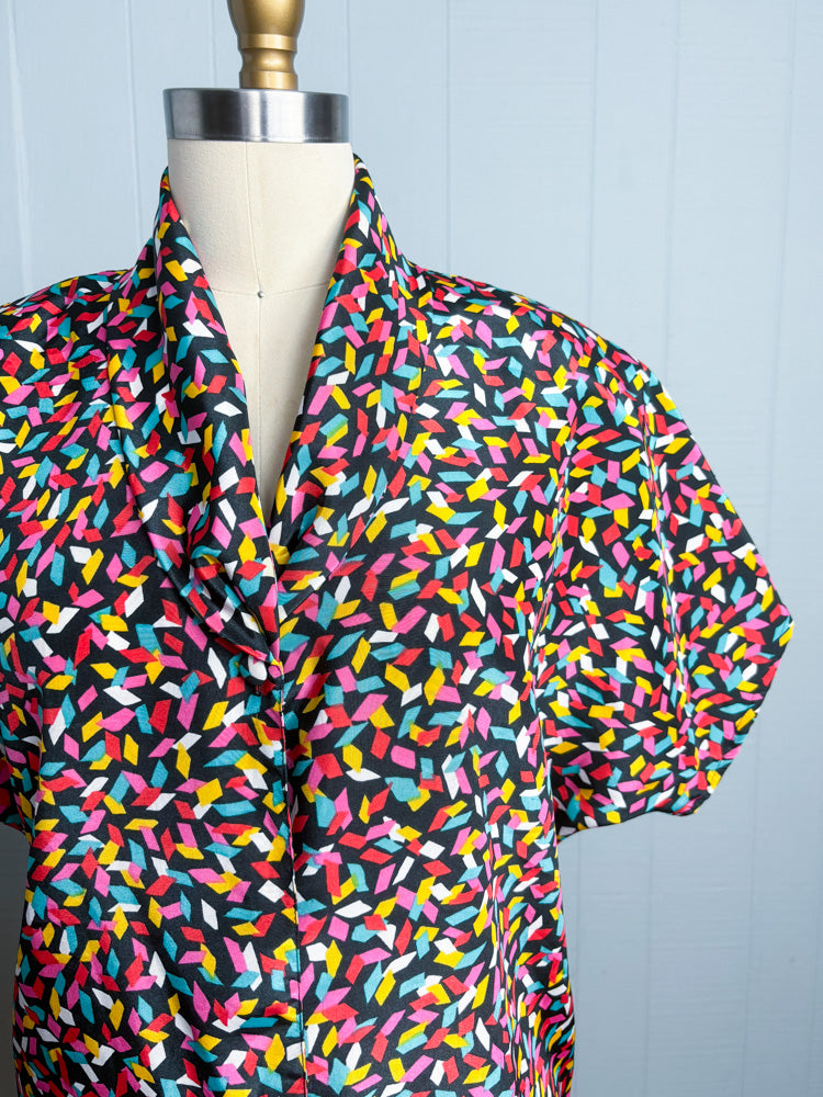 80's Rainbow Confetti Navy Blouse | XL