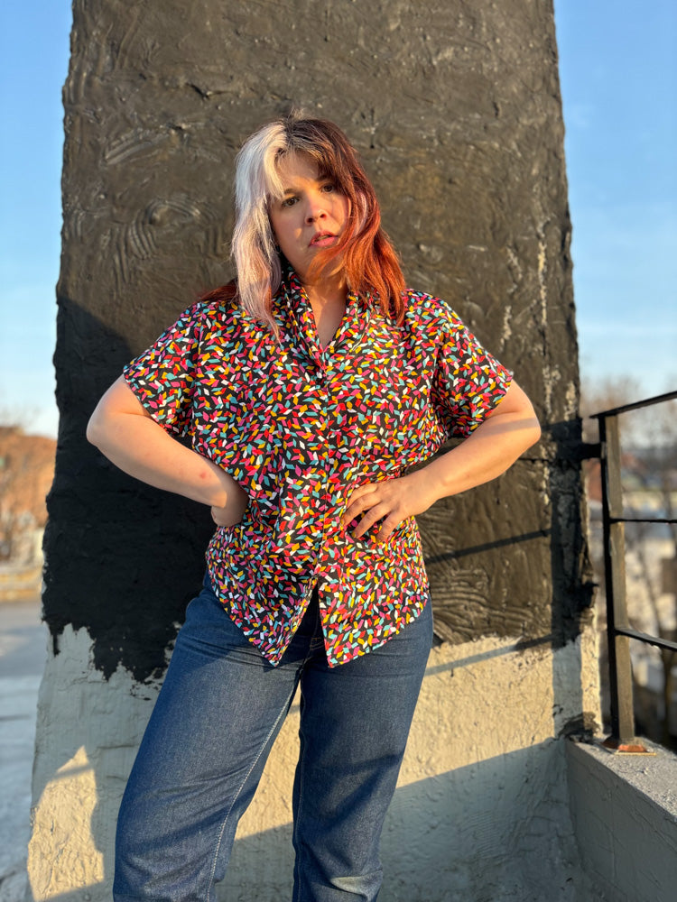 80's Rainbow Confetti Navy Blouse | XL