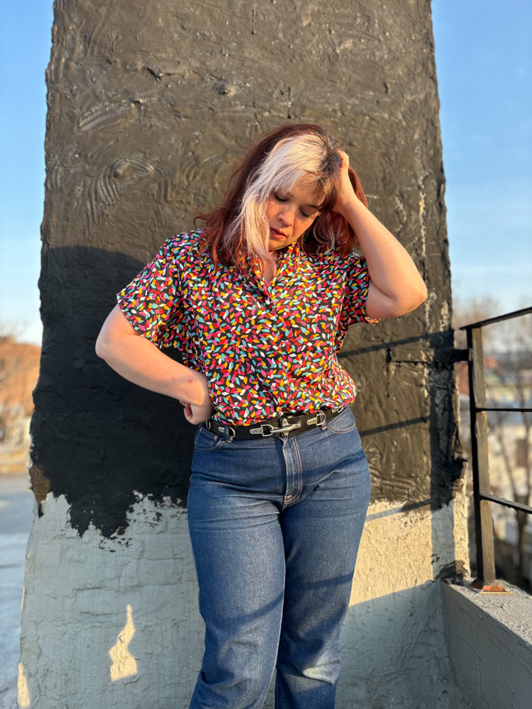 80's Rainbow Confetti Navy Blouse | XL