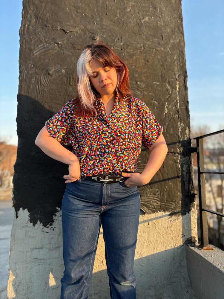 80's Rainbow Confetti Navy Blouse | XL