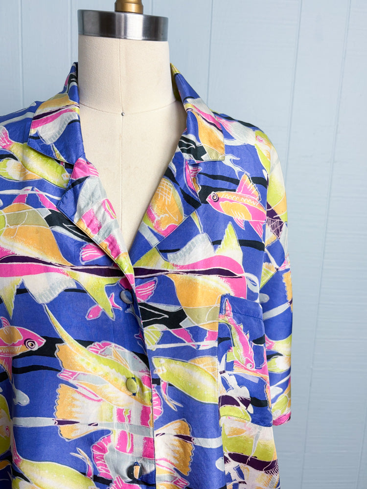 80's 90's Fish Silk Short Sleeve Shirt