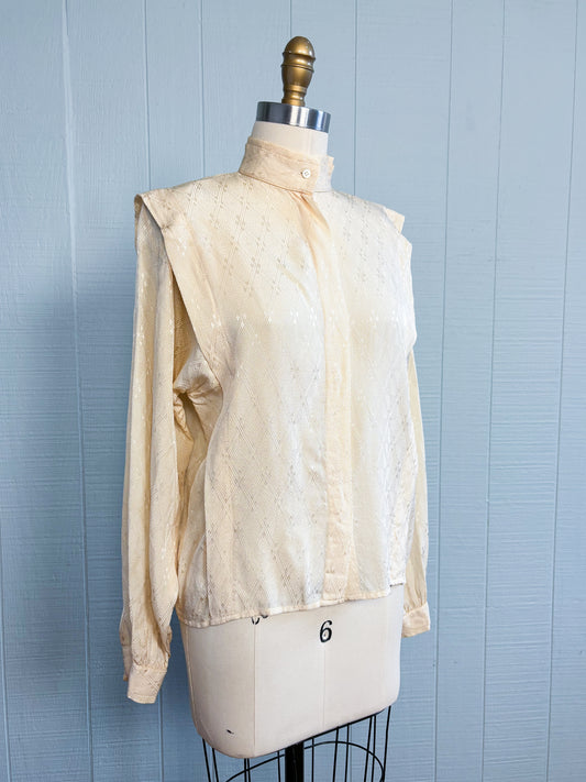 80's Cream Silk Diamond Pattern Blouse Stand Collar "Cassidy" | M