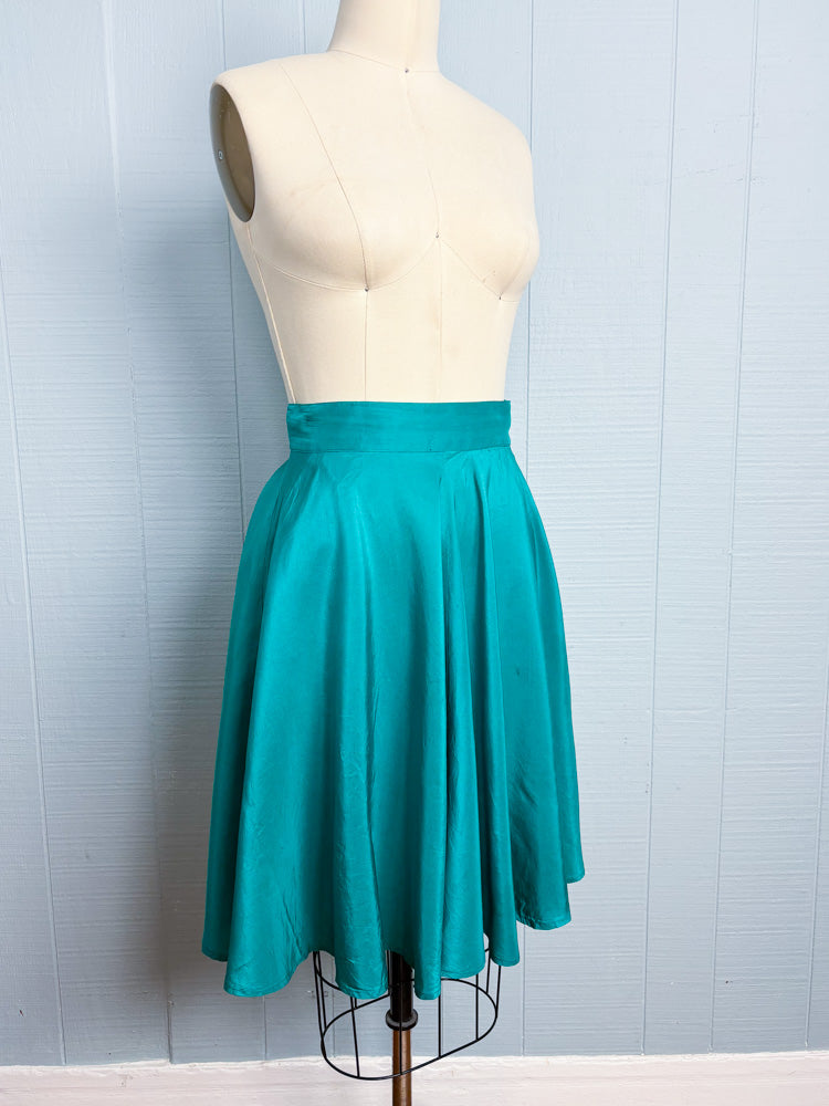 80's Teal Silk Cropped Blazer & Skater Skirt Set