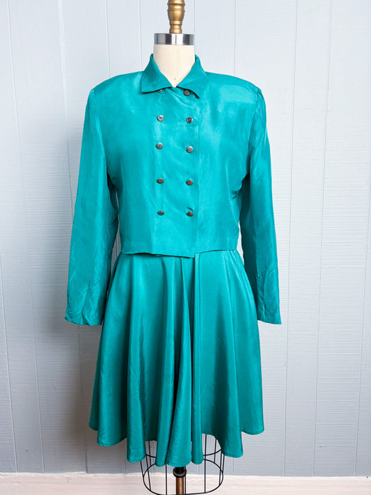 80's Teal Silk Cropped Blazer & Skater Skirt Set
