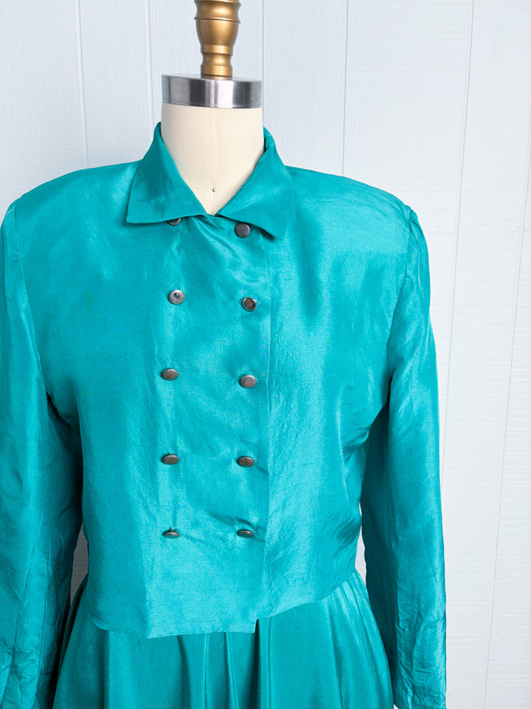 80's Teal Silk Cropped Blazer & Skater Skirt Set