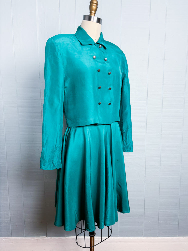80's Teal Silk Cropped Blazer & Skater Skirt Set