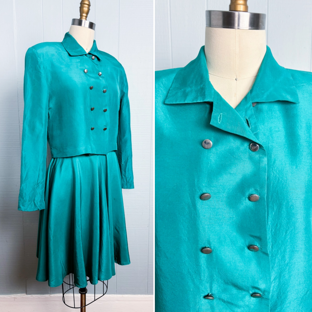 80's Teal Silk Cropped Blazer & Skater Skirt Set