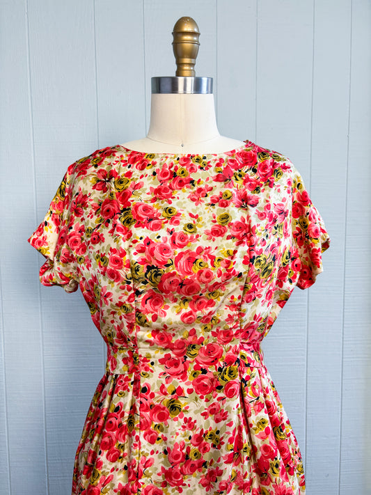 50's 60's Mrs Maisel Red Roses in Bloom Cocktail Dress | S/M