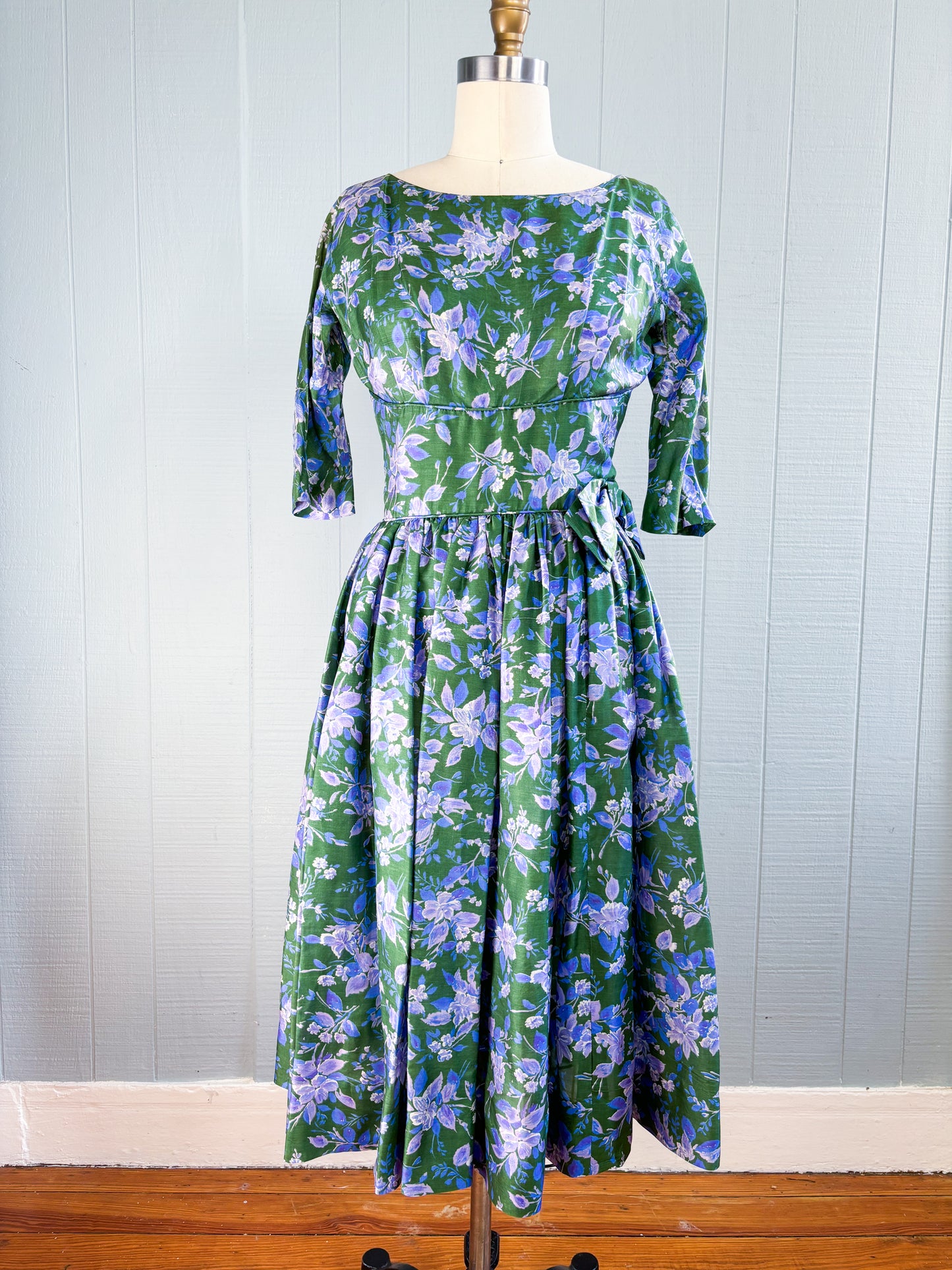 50's 60's Mrs Maisel Green & Purple Floral Empire & Flare Cocktail Dress