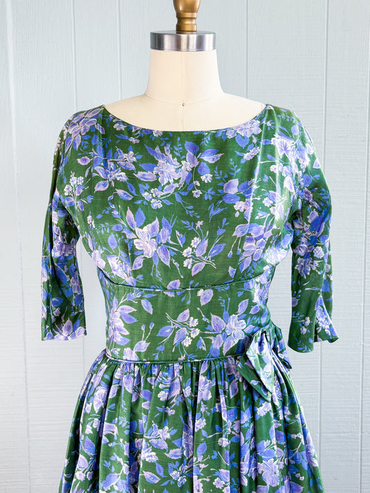50's 60's Mrs Maisel Green & Purple Floral Empire & Flare Cocktail Dress