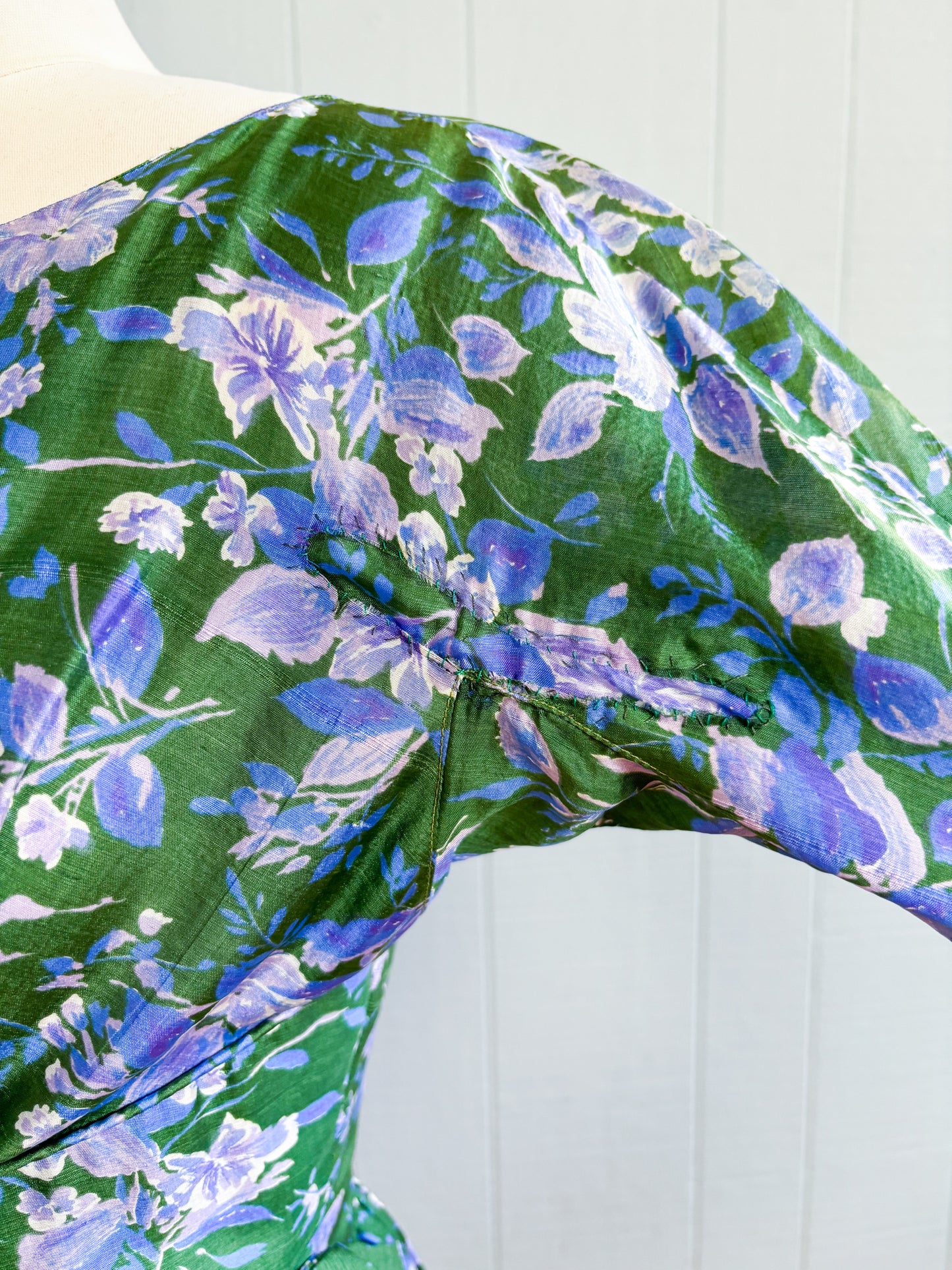 50's 60's Mrs Maisel Green & Purple Floral Empire & Flare Cocktail Dress