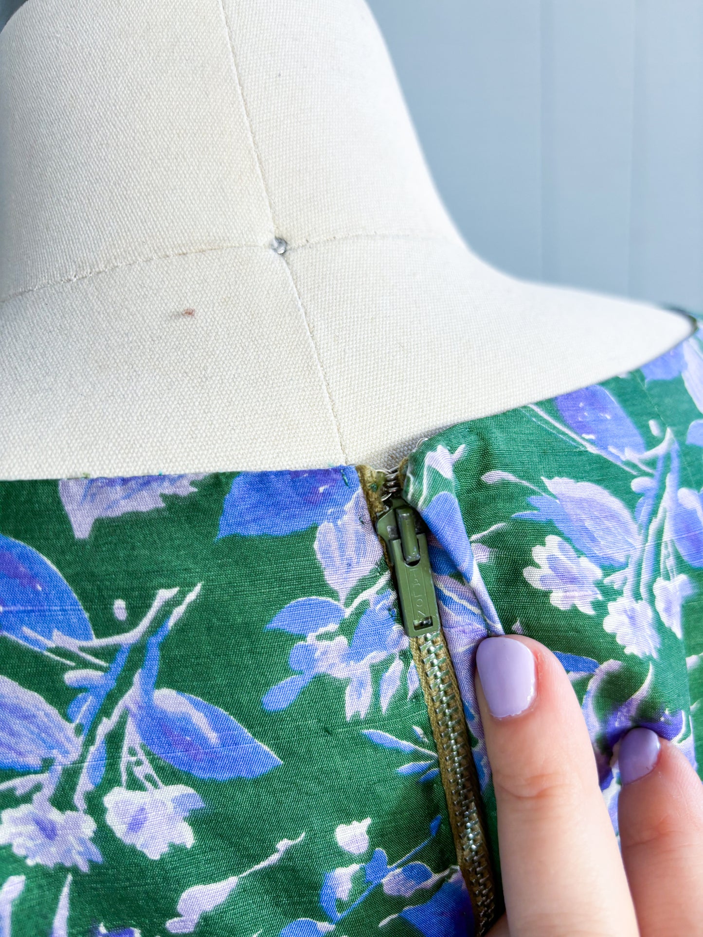 50's 60's Mrs Maisel Green & Purple Floral Empire & Flare Cocktail Dress