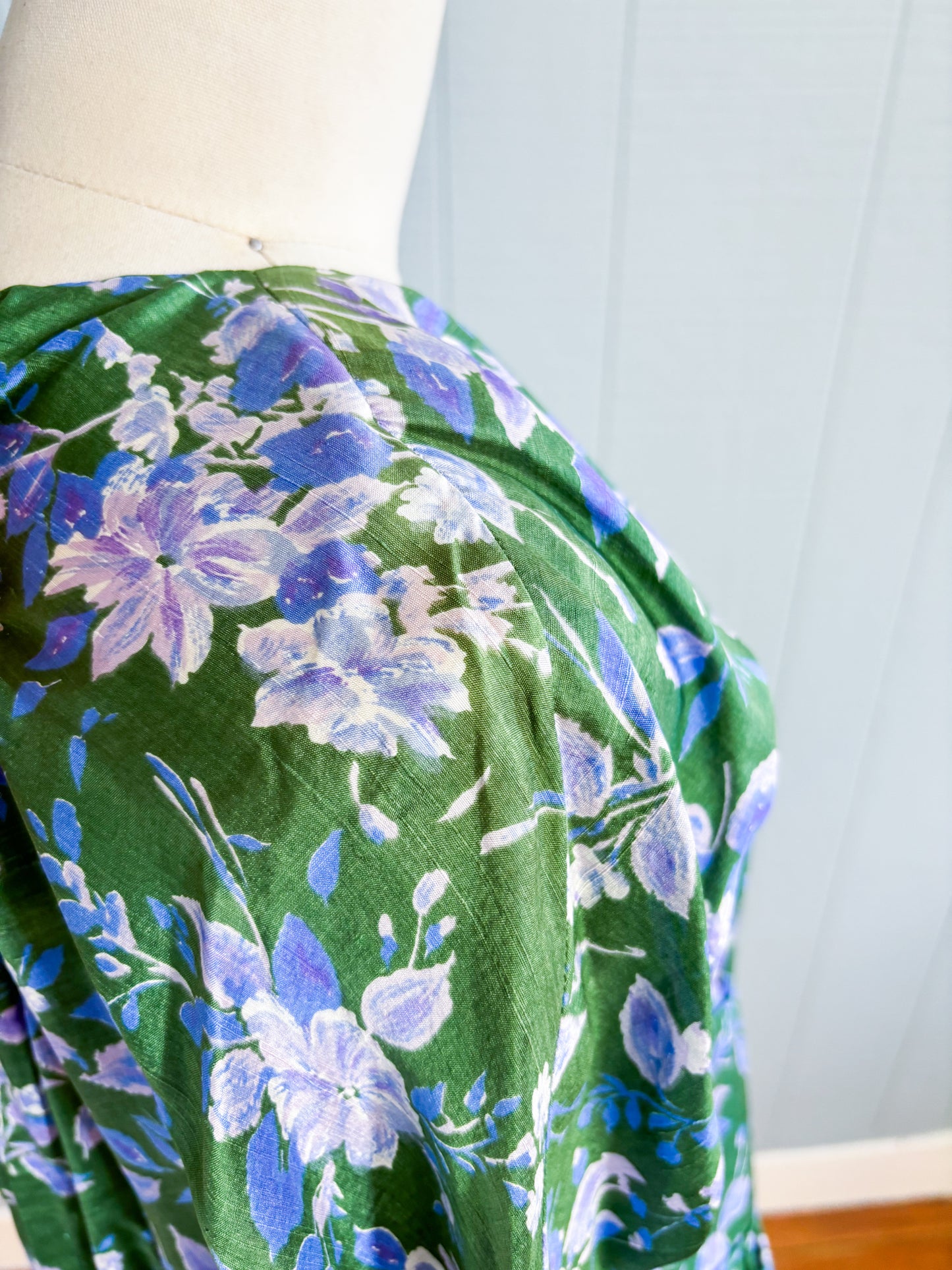 50's 60's Mrs Maisel Green & Purple Floral Empire & Flare Cocktail Dress