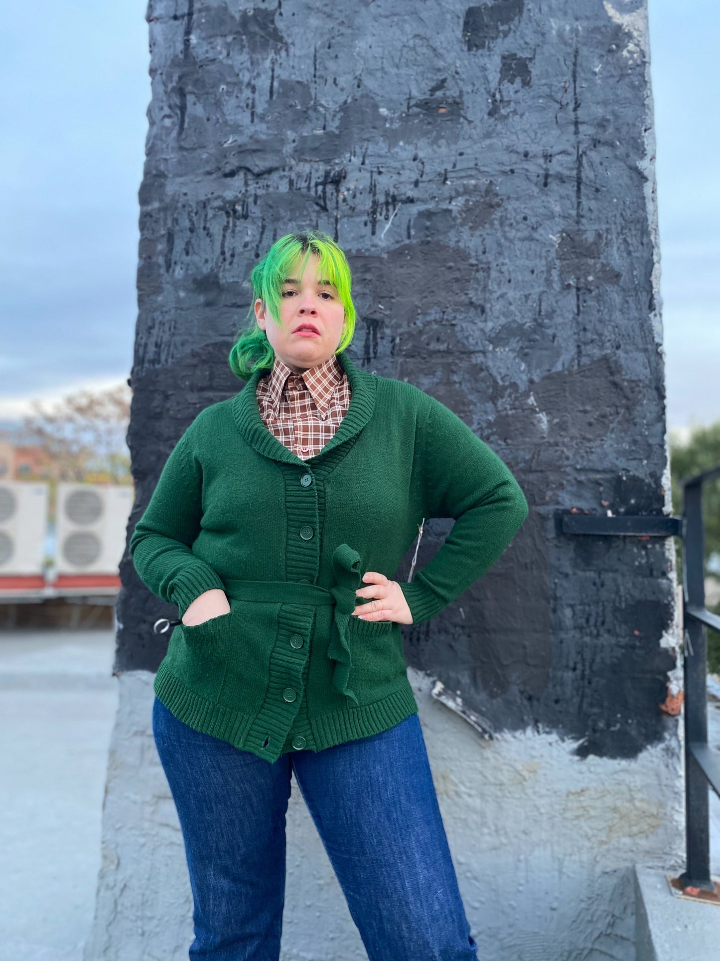 70s 80s Forest Green Shawl Collar Belted Cardigan
