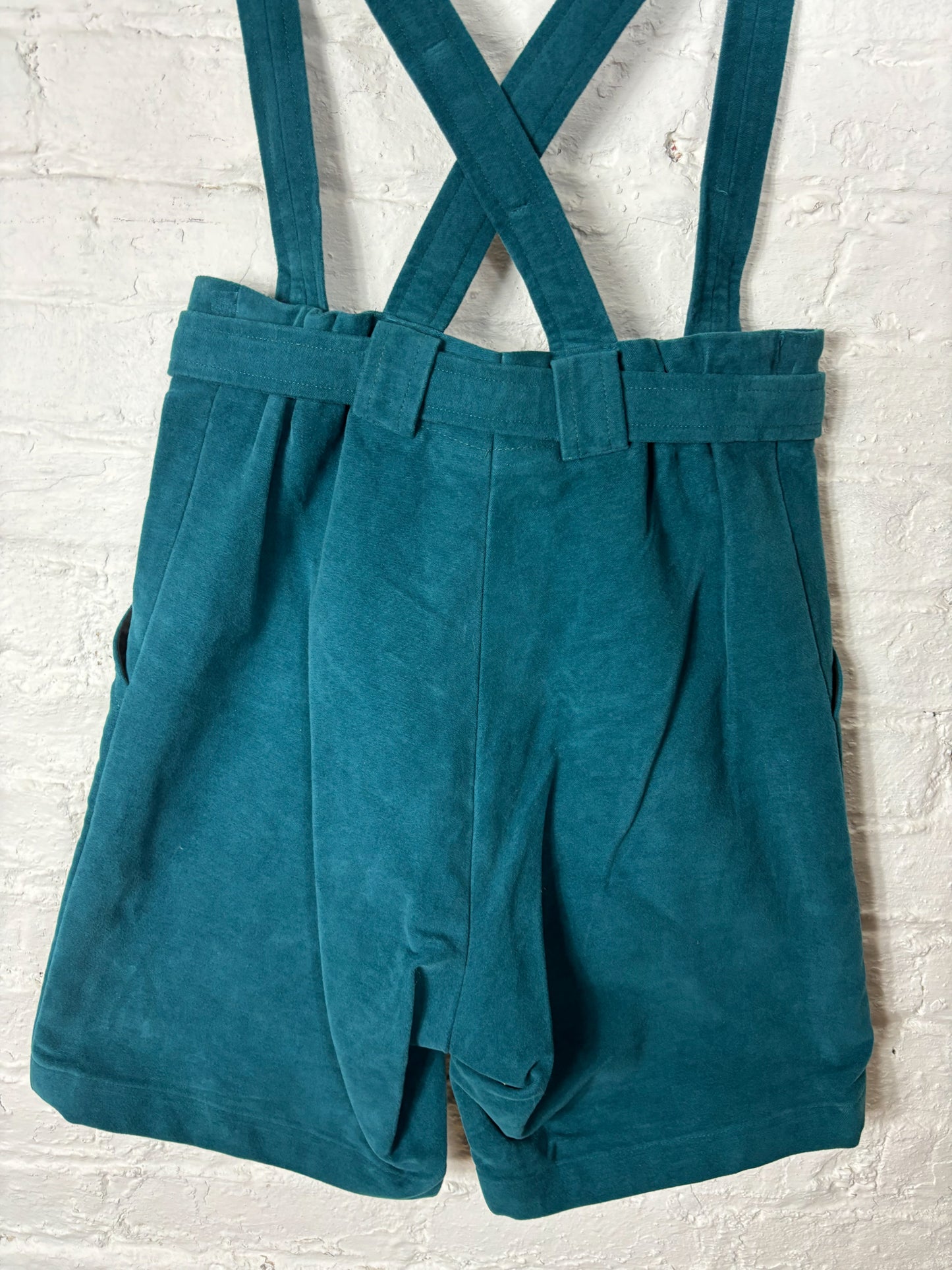 50's Style Mrs. Maisel Teal Velvet Shorts with Suspenders | S