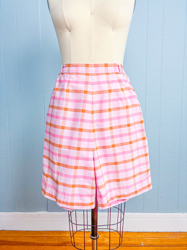 50s 60s Mrs. Maisel Pink & Orange Plaid High Waist Shorts | S/M