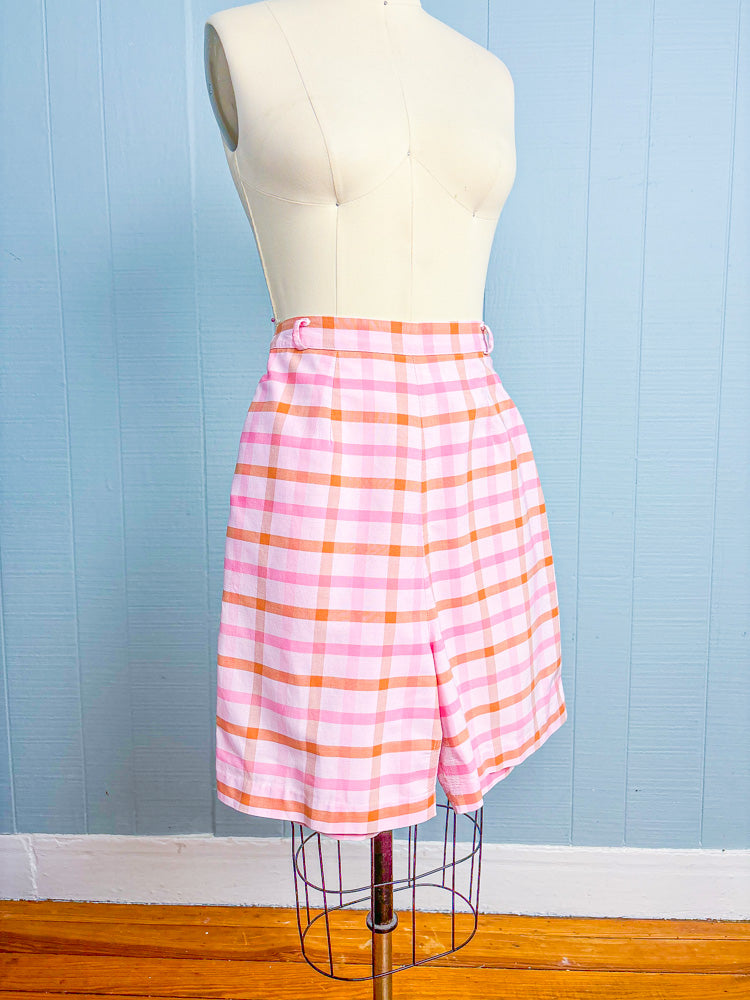 50s 60s Mrs. Maisel Pink & Orange Plaid High Waist Shorts | S/M