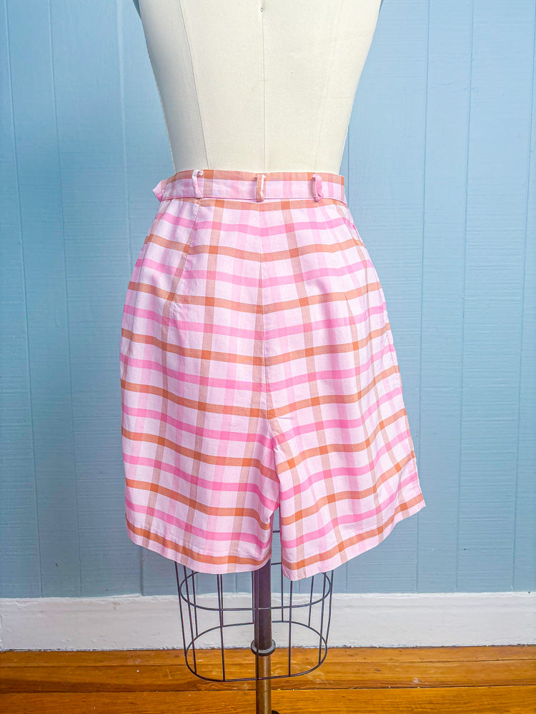 50s 60s Mrs. Maisel Pink & Orange Plaid High Waist Shorts | S/M