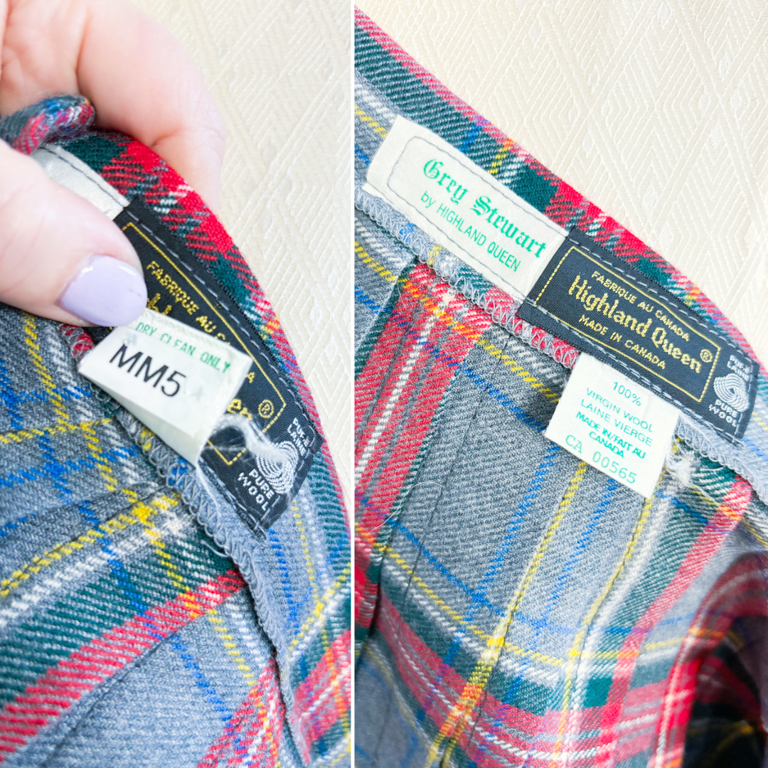 60's 70's Mrs. Maisel Grey Tartan Plaid Pleated Skirt | W: 32"