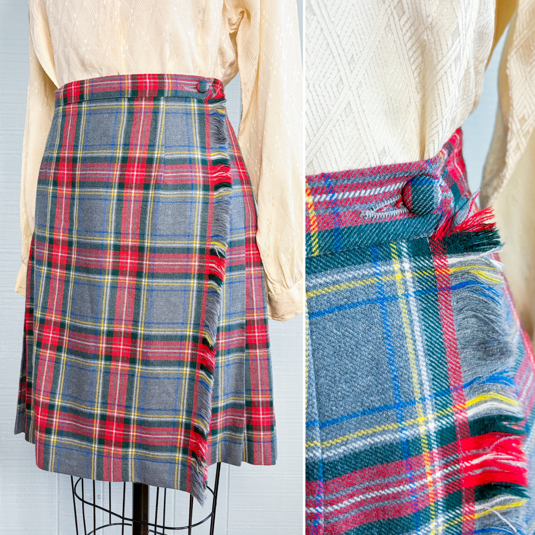 60's 70's Mrs. Maisel Grey Tartan Plaid Pleated Skirt | W: 32"