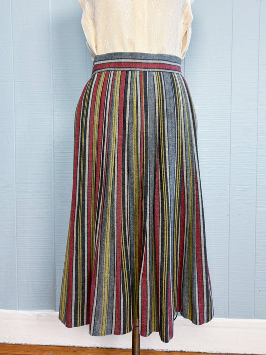 50's Mrs. Maisel Grey Red Yellow Stripe Wool Pleat Skirt | W: 25"