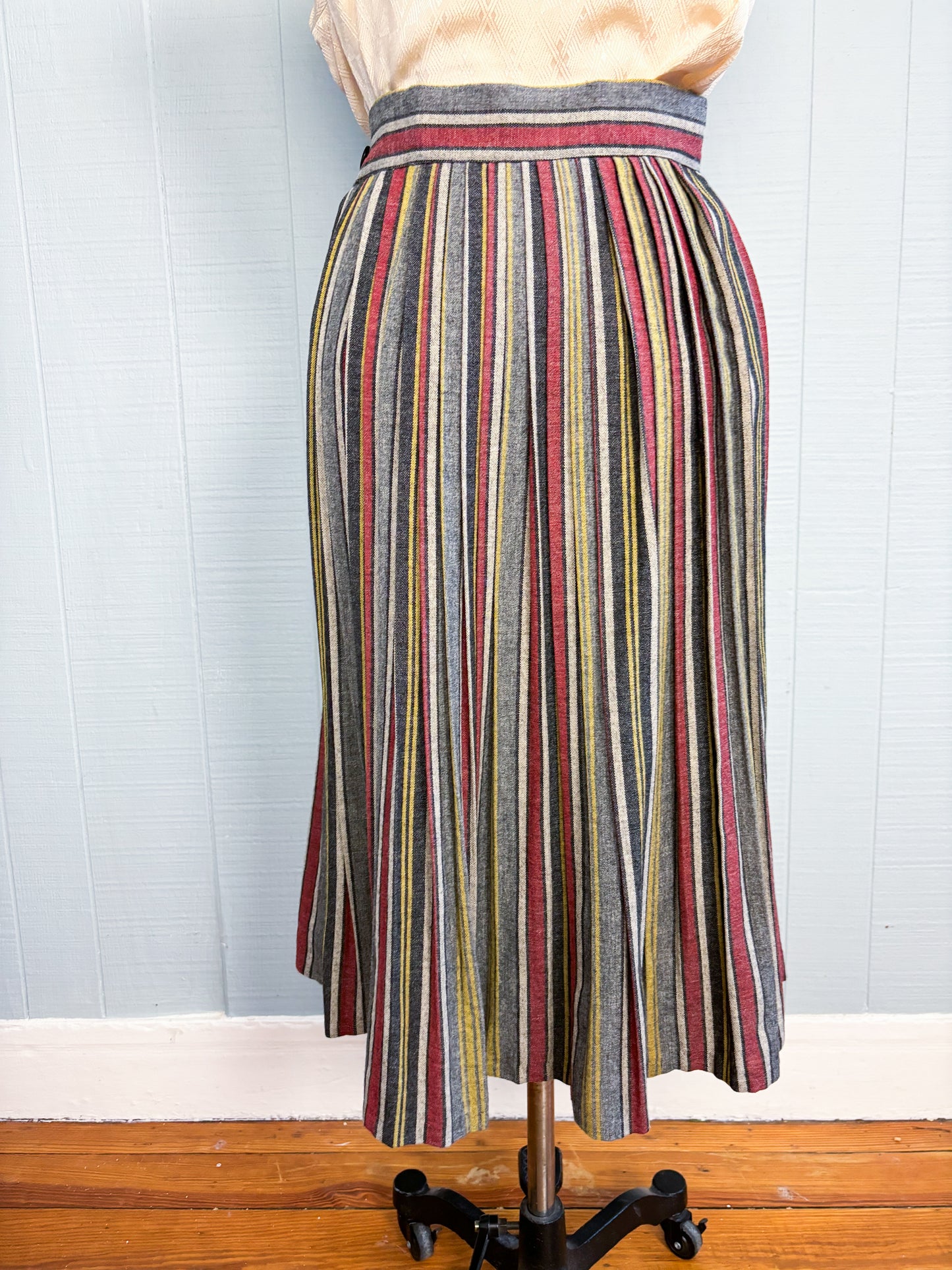 50's Mrs. Maisel Grey Red Yellow Stripe Wool Pleat Skirt | W: 25"