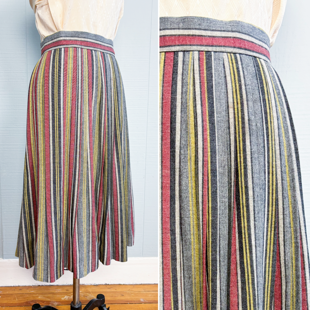 50's Mrs. Maisel Grey Red Yellow Stripe Wool Pleat Skirt | W: 25"