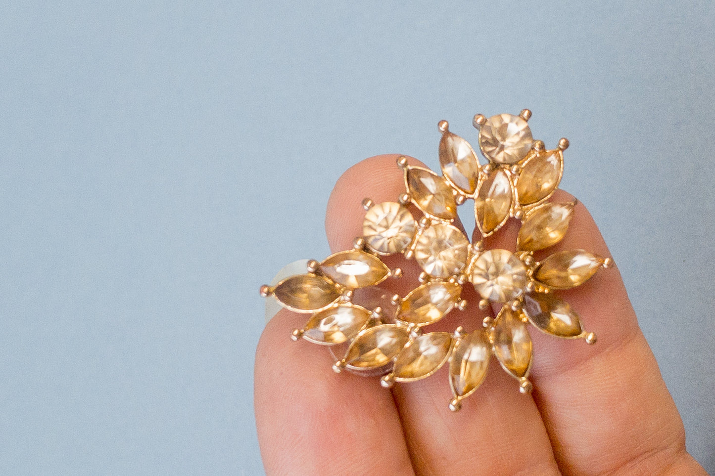 Champagne Rhinestone Leaf Gold Statement Earring Pierced Post