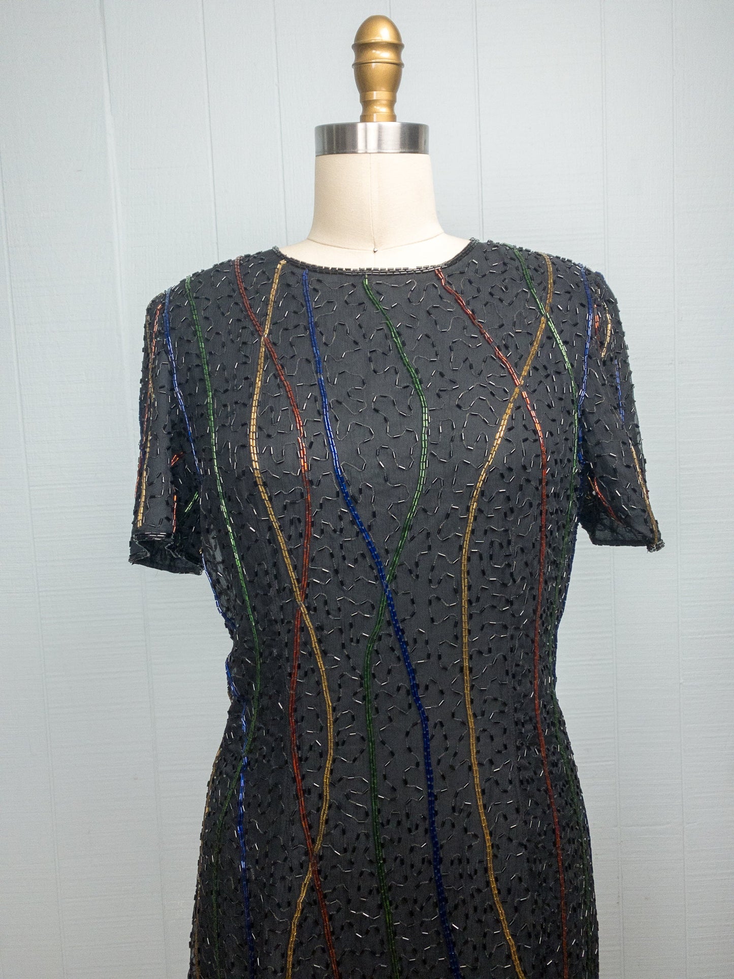 80's Black & Rainbow Beaded Shift Dress | M