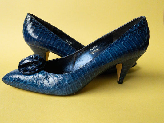 80s Blue Snakeskin Rosette High Heel Pumps by J Renee