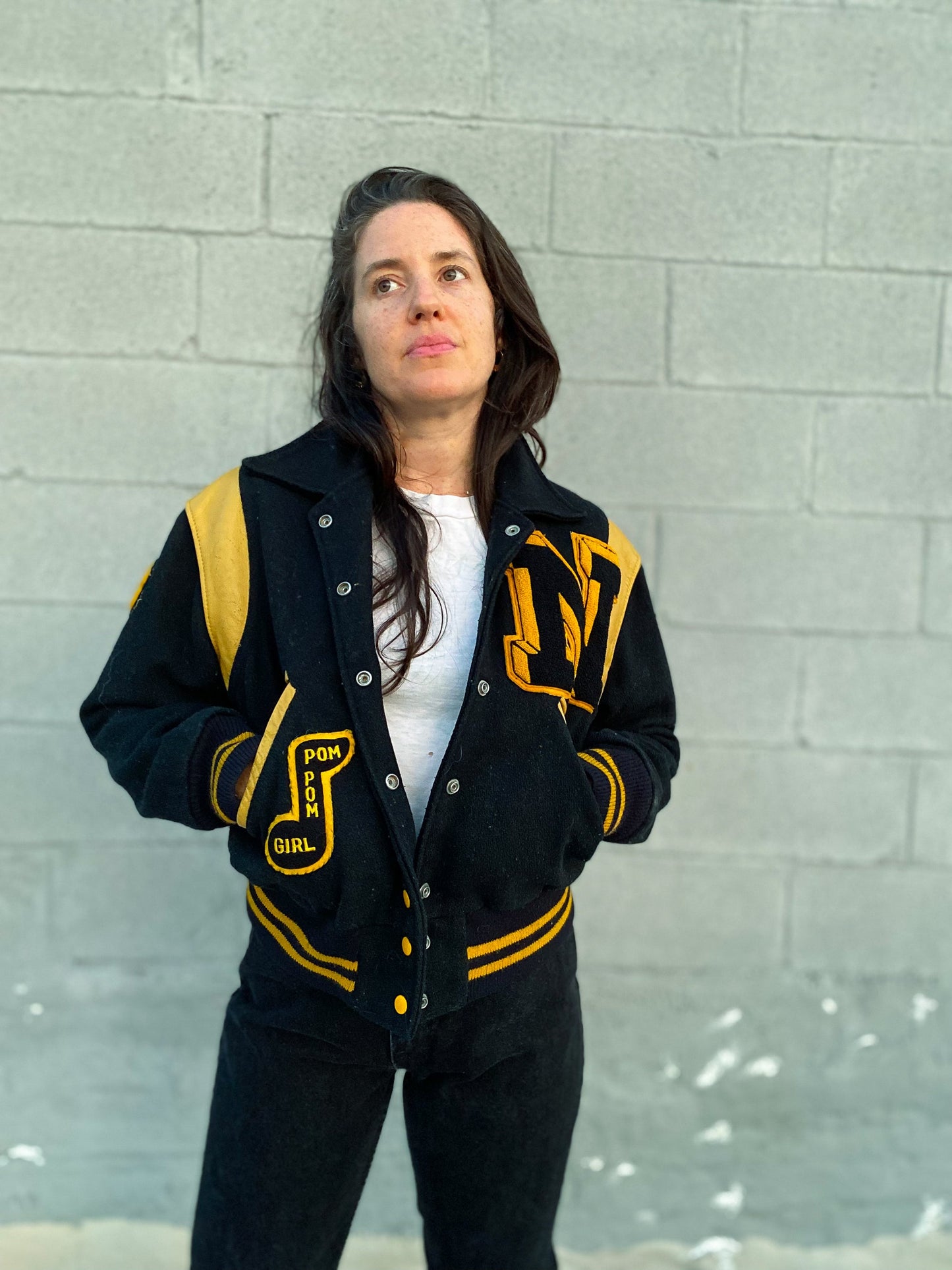 70s Black & Gold Pom Pom Girl Letterman Jacket