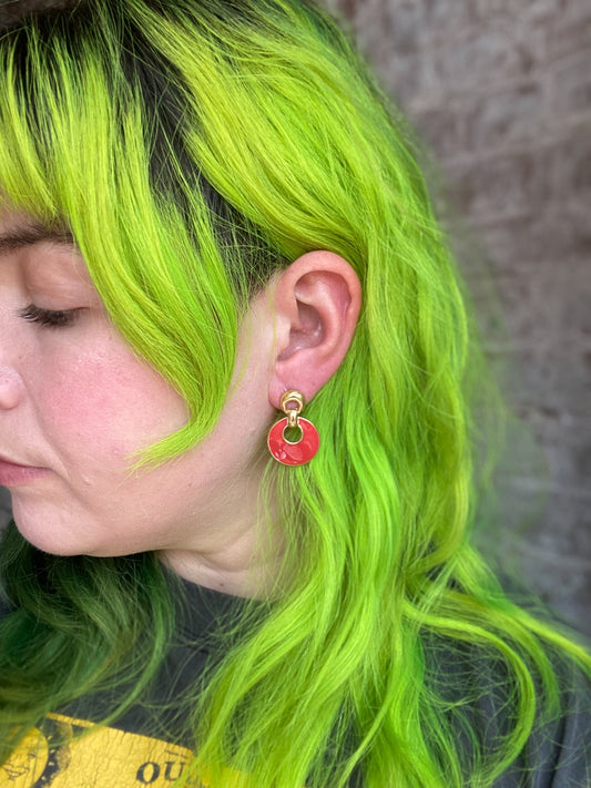 Enamel & Gold Brick Red Disc Earrings