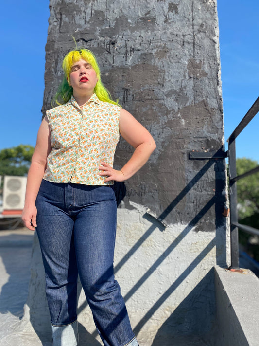 60's Orange & Teal Tulip Sleeveless Shirt | M/L