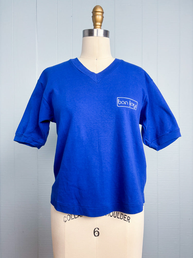 70's 80's Bonjour Paris Navy Blue V Neck Single Stitch Short Sleeve T Shirt