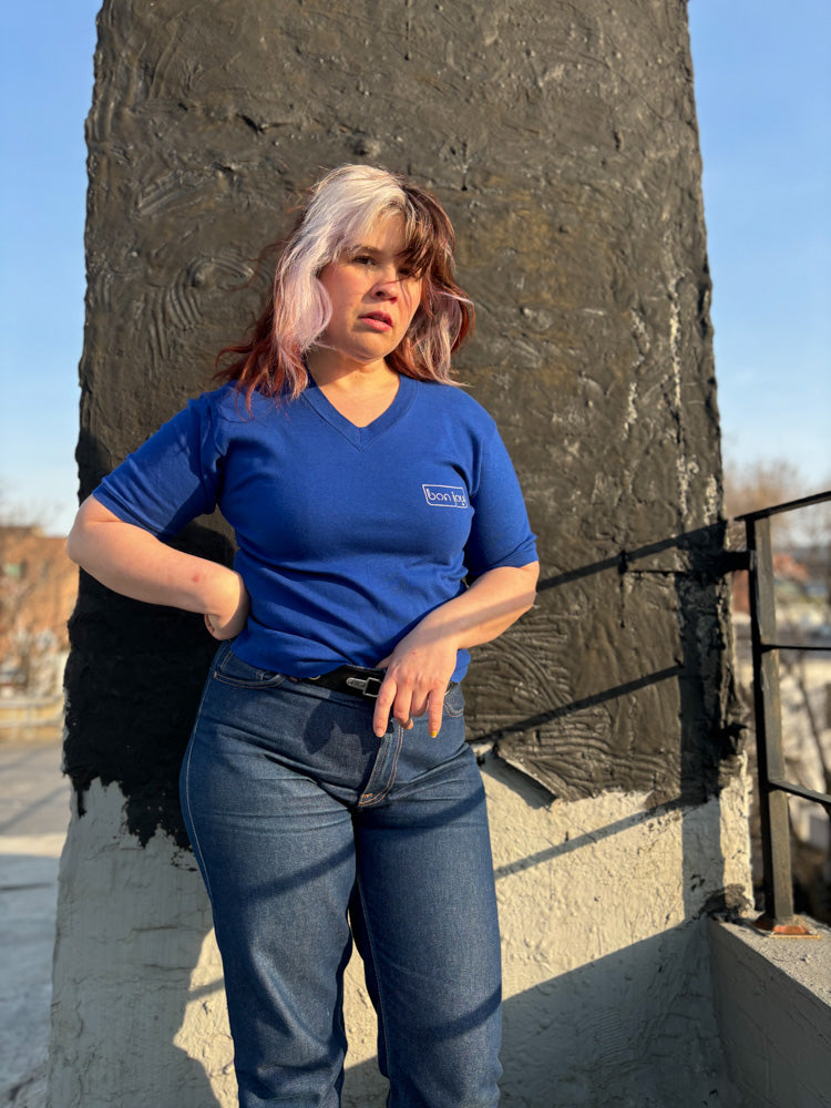 70's 80's Bonjour Paris Navy Blue V Neck Single Stitch Short Sleeve T Shirt